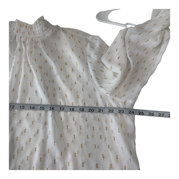 Express White & Gold Swiss Dot Blouse Shirred Mock Neck & Elastic Cuffs SZ XL - Picture 5 of 13